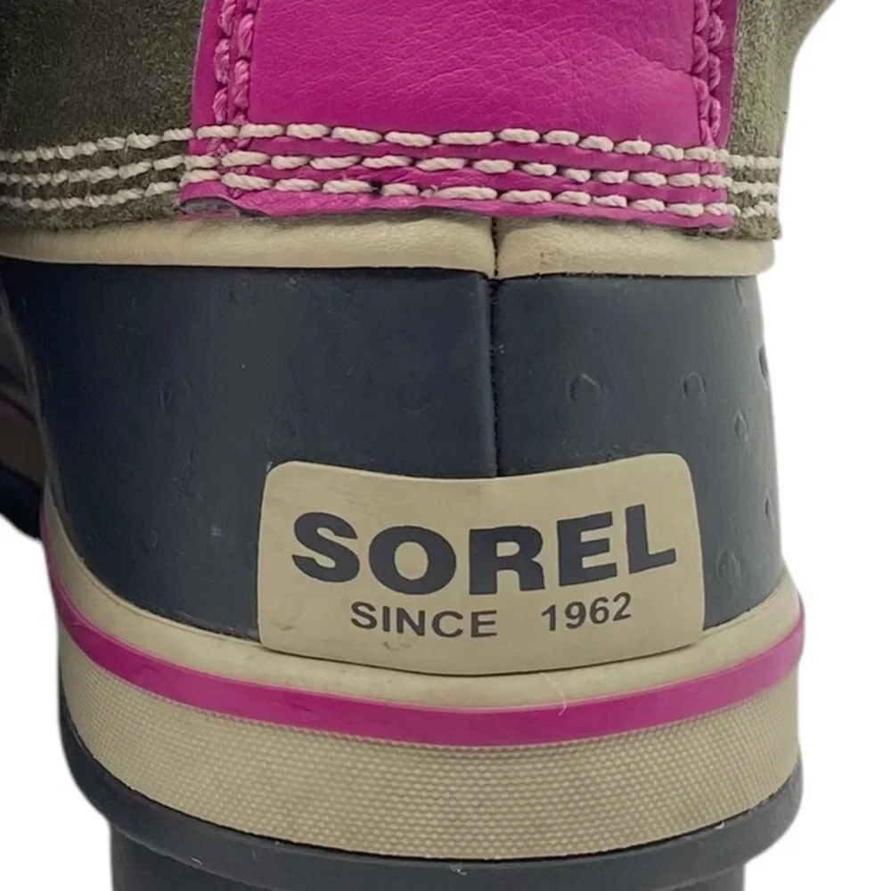 Sorel Girls Winter Boots Size 6 Green Pink Leather Waterproof Faux Fur Tall - Picture 10 of 14